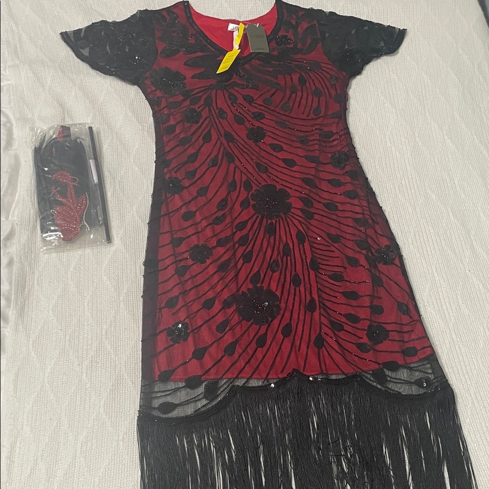 Red & Black Sequin Fringe Maxi Dress - Women